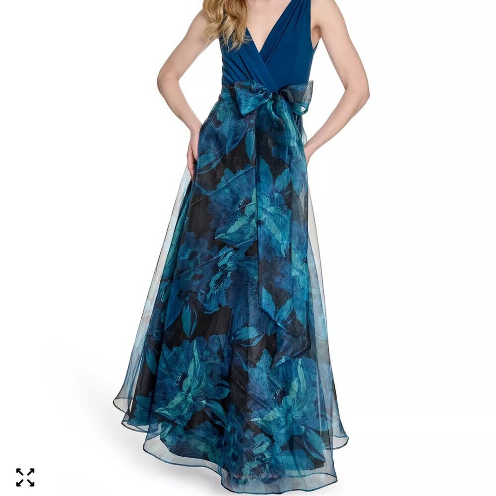 Eliza J Teal Floral Chiffon Ball Gown | Size 12 | Sleeveless V-Neck